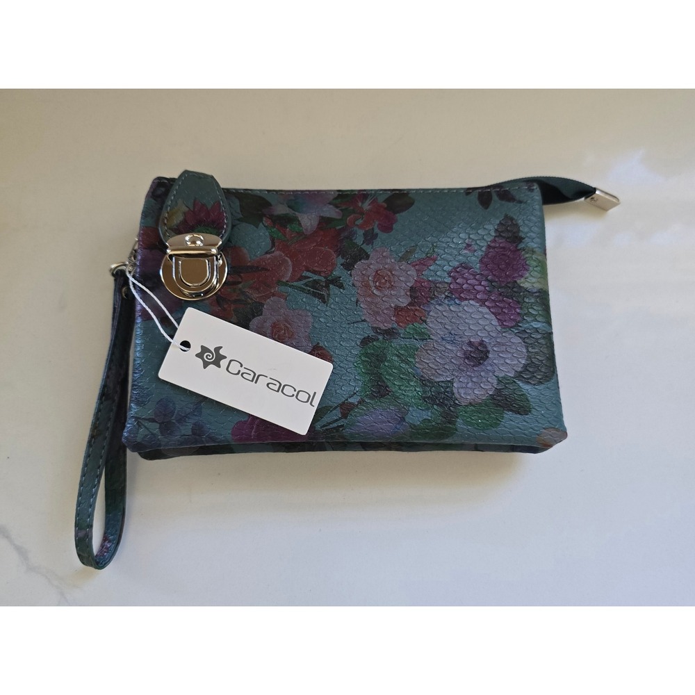 Caracol Teal Floral Crossbody‎ Wristlet Bag Triple Compartment 7012-BOT-B NEW